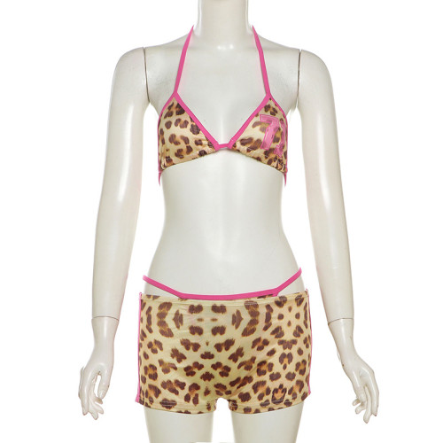 Color blocking suspender leopard print bikini high waisted hip hugging shorts set
