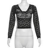 Solid color exposed navel V-neck long sleeved printed top