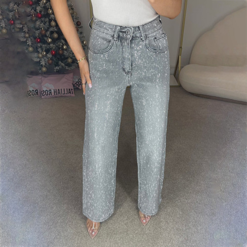 High waisted full diamond straight leg jeans