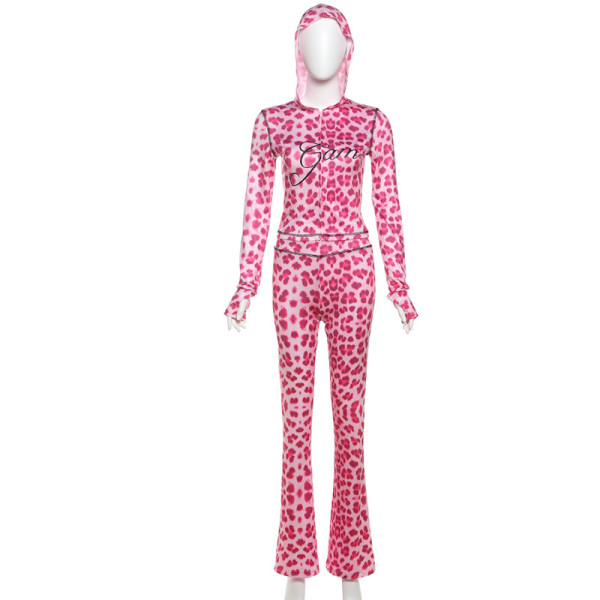 Printed hooded cardigan top leopard print high waisted tight pants set