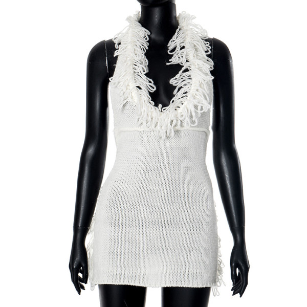 Backless lace up neck hanging tassel knit dress
