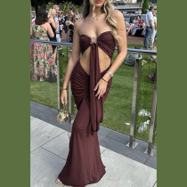 Wrinkled high waist exposed navel dress