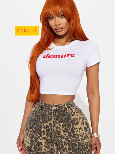 Round neck crop exposed short T-shirt top with short sleeves