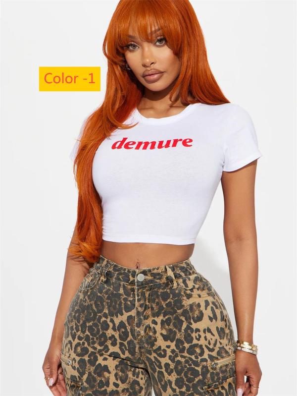 Round neck crop exposed short T-shirt top with short sleeves