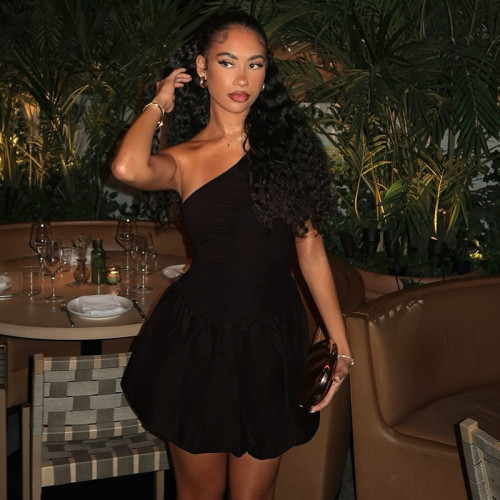 Slanted collar irregular slanted shoulder solid color A-line dress