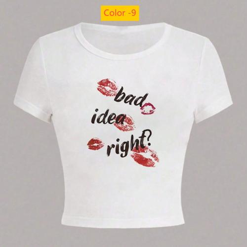 Letter printed short sleeved T-shirt with exposed navel top