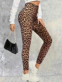 Leopard print leggings with high waist, tight fit, and stretch yoga cropped pants
