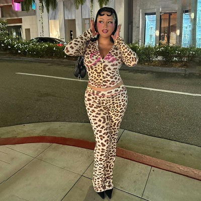 Printed hooded cardigan top leopard print high waisted tight pants set