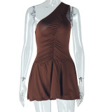 Slanted collar irregular slanted shoulder solid color A-line dress