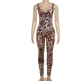 Leopard print suspender, backless, high waisted, hip lifting, tight fitting jumpsuit