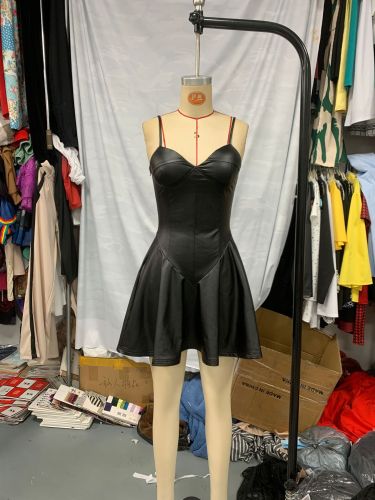 PU leather camisole dress matte low cut pleated short skirt