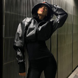PU leather hooded long sleeved pleated short zipper cardigan jacket