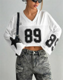 Short V-neck long sleeved digital graphic T-shirt
