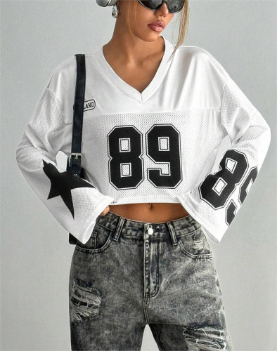 Short V-neck long sleeved digital graphic T-shirt