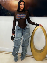 Nail buckle decoration loose denim pants