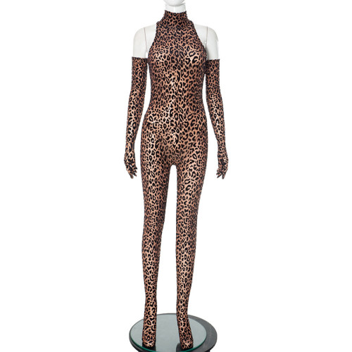 Half high collar long sleeved finger leopard print jumpsuit