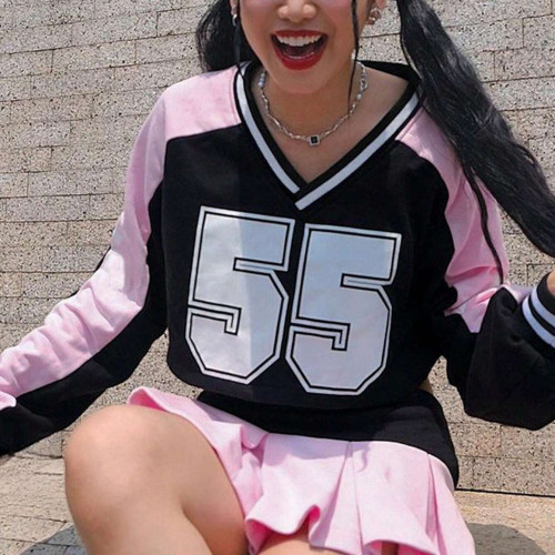 Digital printed ball jersey loose long sleeved V-neck sweatshirt