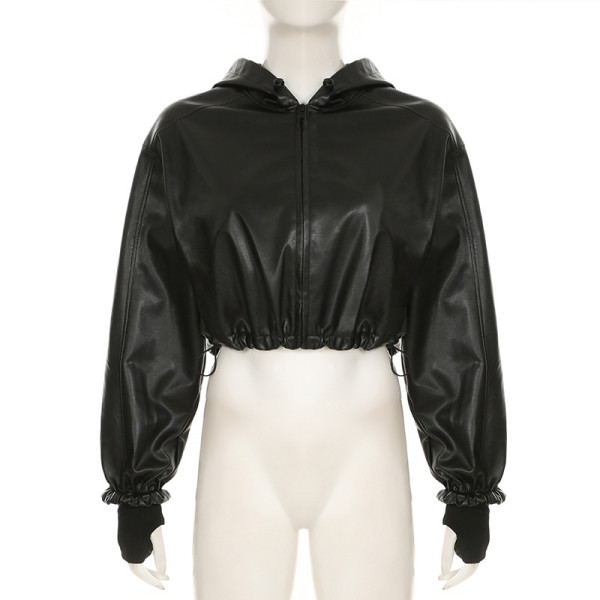 PU leather hooded long sleeved pleated short zipper cardigan jacket
