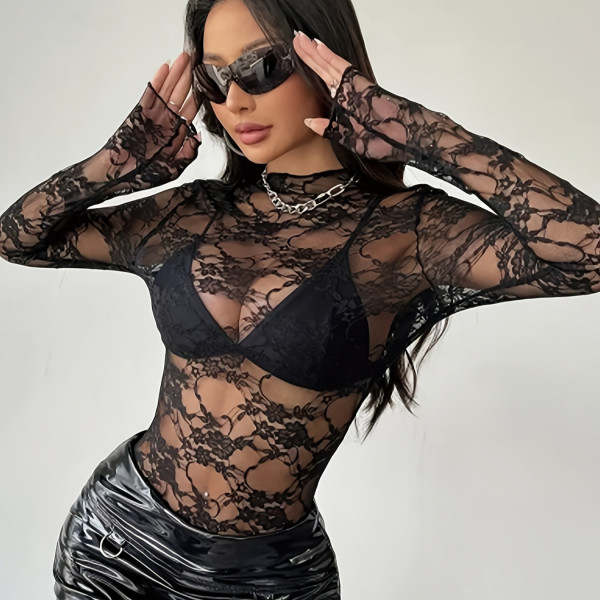 Lace collar transparent long sleeved mesh high neck top