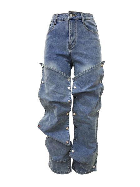 Nail buckle decoration loose denim pants