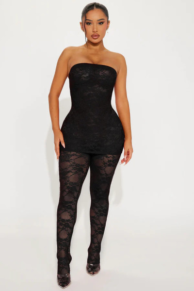 Hollow lace perspective chest wrapped dress and pants two-piece set