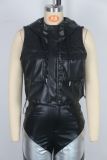 Drawstring hooded pocket PU leather zipper short vest leather jacket