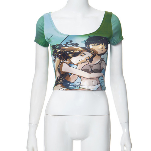 3D digital printed short sleeved U-shaped collar exposed navel T-shirt top