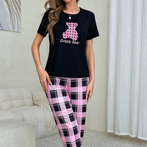 Little Bear Short sleeved Pajama Checkered Pants Two piece Set