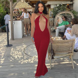 Lace up neck hanging hollow dress