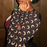 Printed patchwork V-neck long sleeved T-shirt