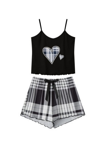 Two piece set of camisole pajamas with heart-shaped checkered shorts