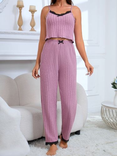 Lace patchwork camisole pajama pants set for home wear