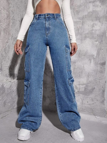 Ladies' workwear, accordion, multiple bags, denim straight leg pants