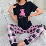 Little Bear Short sleeved Pajama Checkered Pants Two piece Set