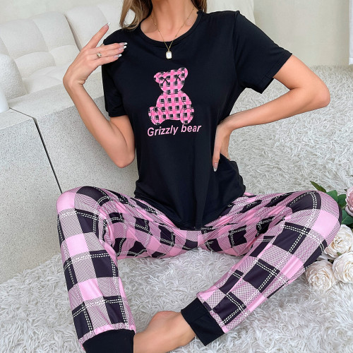 Little Bear Short sleeved Pajama Checkered Pants Two piece Set