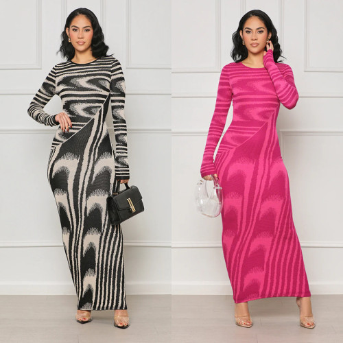 Irregular printed waist bag, hip tight fitting long sleeved dress