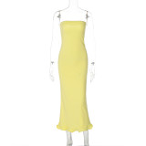 Strapless sleeveless long wavy skirt hem dress