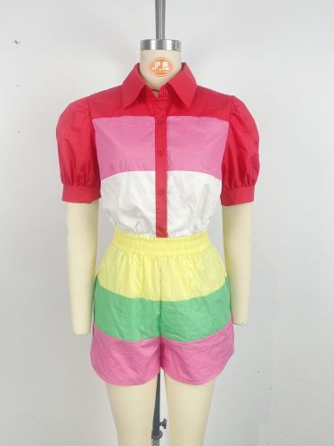 Two-piece set of color blocked waist shorts