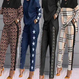 Color blocking plaid splicing long sleeved two-piece set