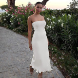 Strapless sleeveless long wavy skirt hem dress
