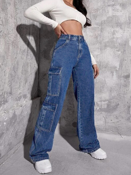 Ladies' workwear, accordion, multiple bags, denim straight leg pants