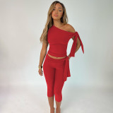 Slant neck sleeveless top and lace up shorts set