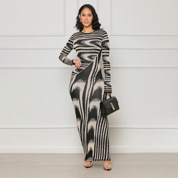 Irregular printed waist bag, hip tight fitting long sleeved dress
