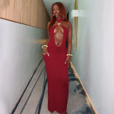 Lace up neck hanging hollow dress