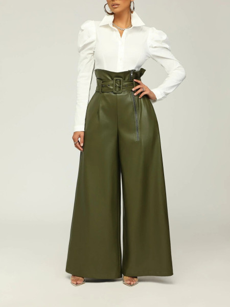 High waisted pants, PU leather pants, wide leg pants