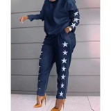 Color blocking plaid splicing long sleeved two-piece set