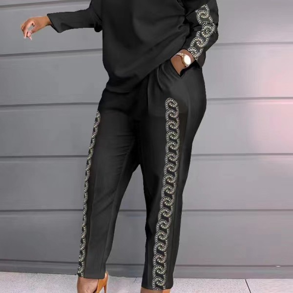 Color blocking plaid splicing long sleeved two-piece set