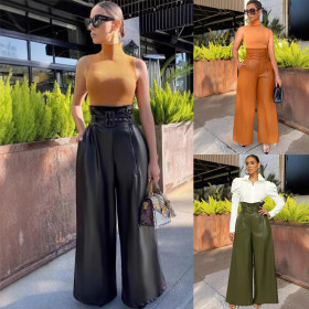 High waisted pants, PU leather pants, wide leg pants