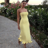 Strapless sleeveless long wavy skirt hem dress