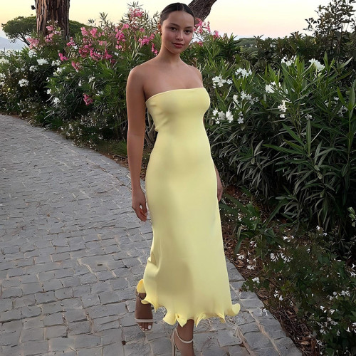 Strapless sleeveless long wavy skirt hem dress